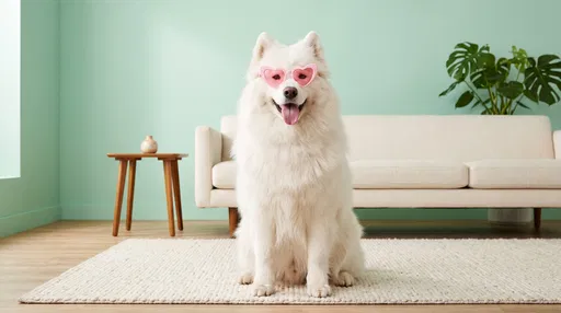 Samoyed Wearing Pink Heart Sunglasses Indoors