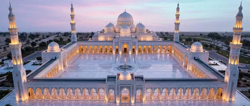 Aerial Twilight View of White Mosque Courtyard