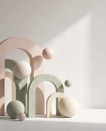 Pastel Plaster Arches and Floating Spheres