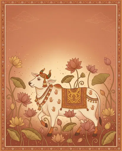 Pichwai Style Indian Cow and Lotuses