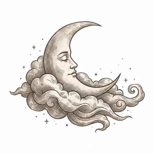 Vintage Crescent Moon in Clouds
