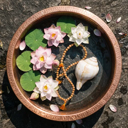 Lotus Flowers and Conch in Copper Bowl
