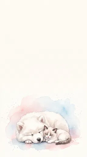Watercolor Samoyed Puppy and Ragdoll Kitten