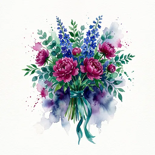 Watercolor Bouquet of Peonies and Delphiniums
