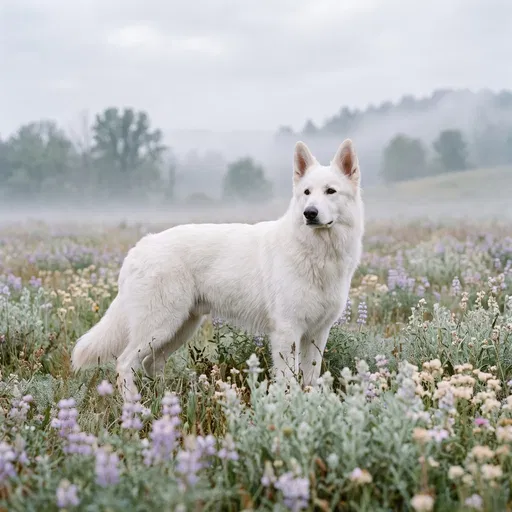 White Shepherd Dog in Misty Meadow