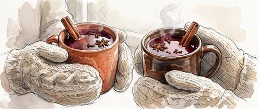 Watercolor Mugs of Spiced Cider in Mittens
