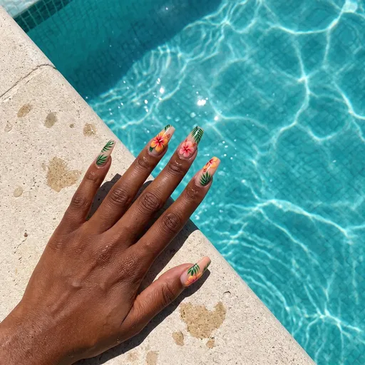 Tropical Hibiscus Nail Art by Poolside