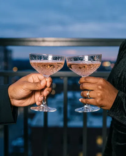 Couple Clinking Pink Champagne on Balcony