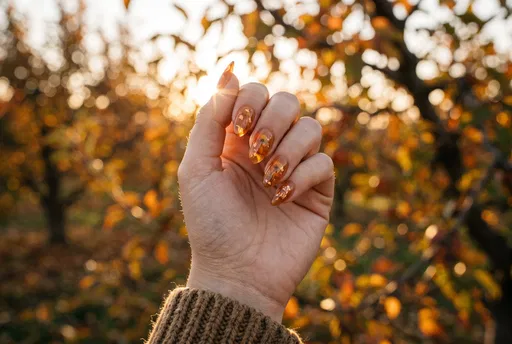 Woman Hand With Amber Autumn Nails