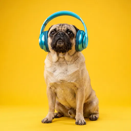 Pug Wearing Cyan Headphones on Yellow