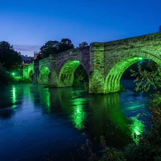 Historic Stone Bridge Illuminated Green at Twilight
