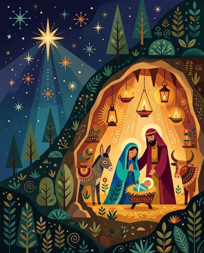 Mid-Century Folk Art Nativity Cave Illustration