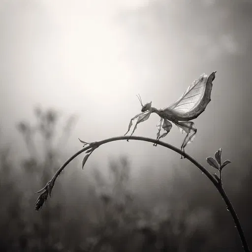 Monochrome Leaf Insect on Arching Stem