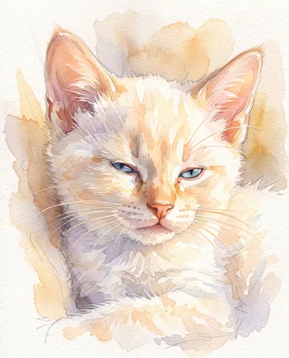 Watercolor Portrait of Sleepy Siamese Kitten