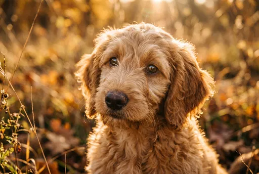 Golden Labradoodle Puppy in Autumn Sunlight