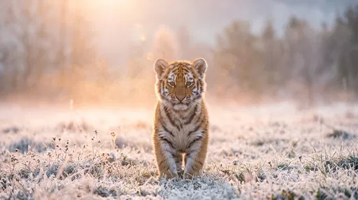 Tiger Cub in Frosty Sunrise Meadow