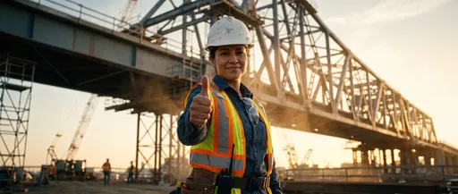 Female Engineer Giving Thumbs Up at Bridge