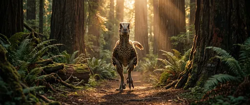 Feathered Velociraptor in Sunlit Redwood Forest