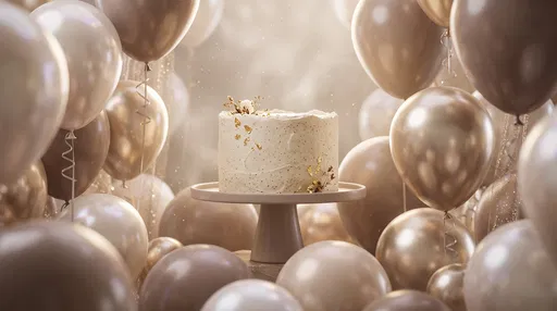 Vanilla Cake Surrounded by Champagne Balloons