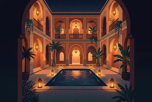 Moroccan Riad Courtyard Pool at Night Illustration
