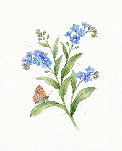 Watercolor Forget-Me-Not and Copper Butterfly
