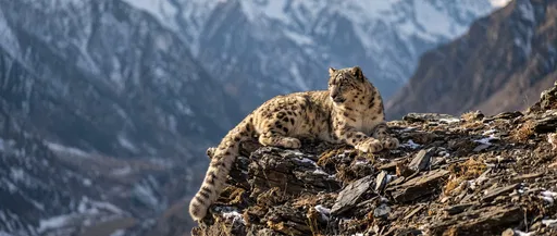 Snow Leopard Resting on Mountain Ledge