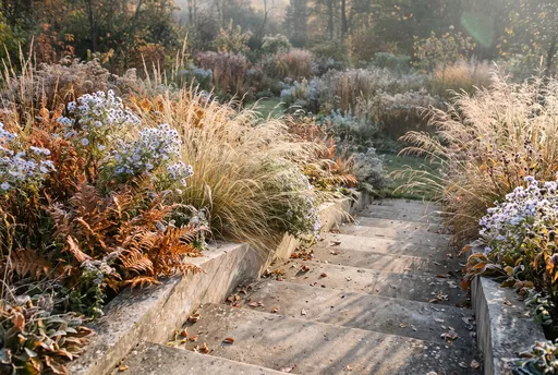 Concrete Steps in Autumn Meadow Garden