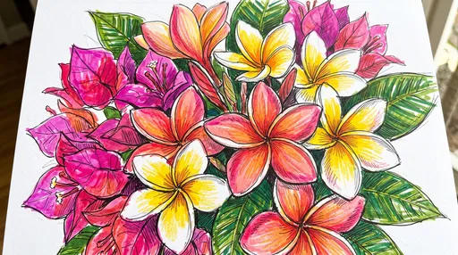 Vibrant Tropical Plumeria and Bougainvillea Sketch