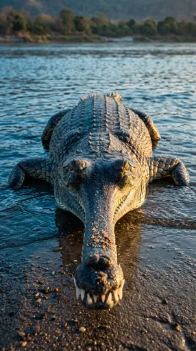 Gharial Crocodile Resting at River Edge