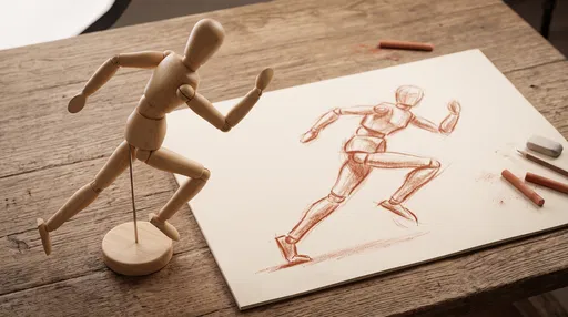 Wooden Artist Mannequin Beside Sanguine Running Sketch