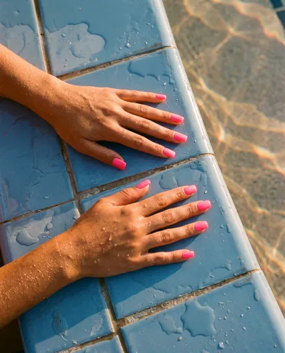 Tanned Hands with Pink Nails by Pool