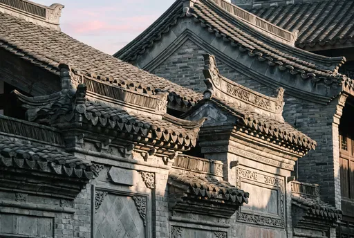 Traditional Chinese Grey Tiled Roofs at Sunrise