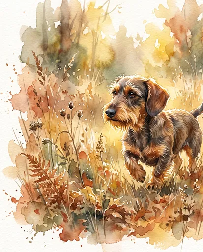 Watercolor Wire-Haired Dachshund in Autumn Meadow