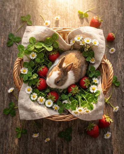 Tiny Bunny in Basket with Strawberries
