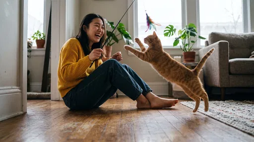 Woman Playing With Ginger Cat Indoors