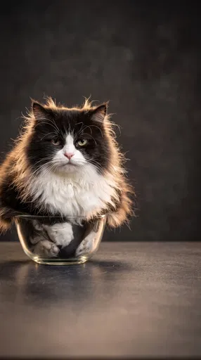 Fluffy Tuxedo Cat in Glass Bowl