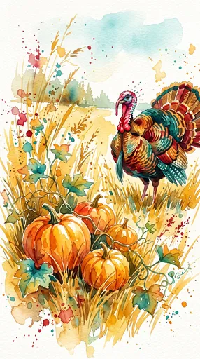 Watercolor Turkey and Pumpkins in Field