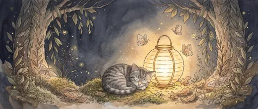 Sleeping Tabby Kitten Beside Glowing Lantern