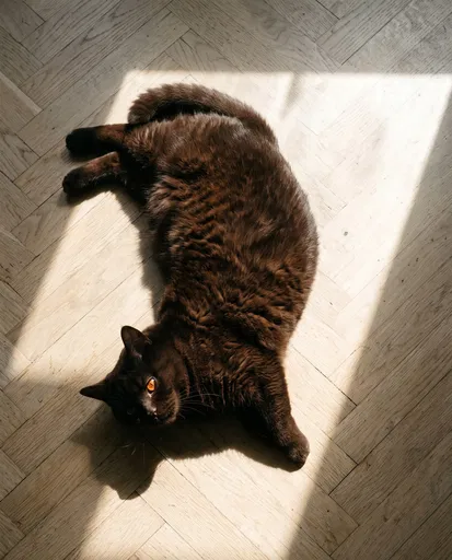 Chocolate Cat on Sunlit Parquet Floor