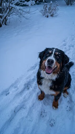 Happy Bernese Mountain Dog Sitting in Snow