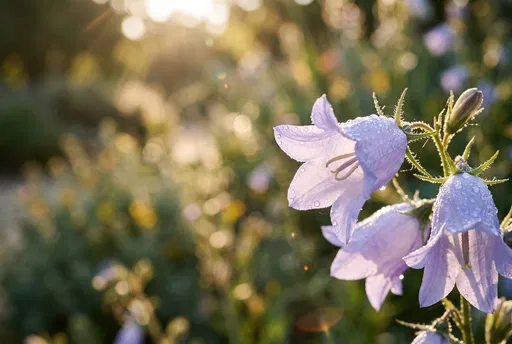 Dewy Lavender Bellflowers in Morning Sunlight