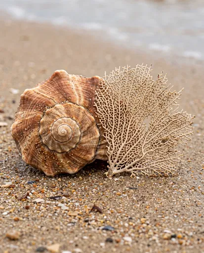 Whelk Seashell and Sea Fan on Sand