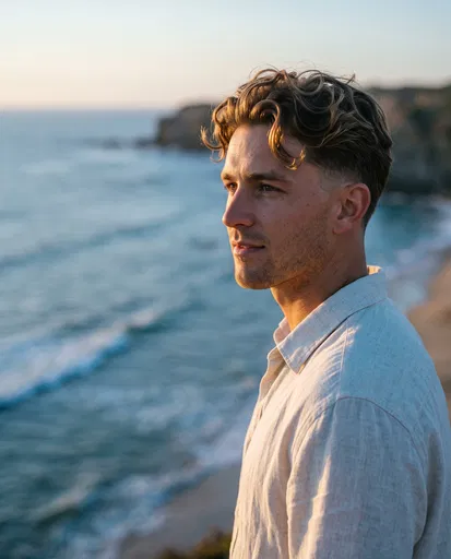 Man with Wavy Hair at Beach