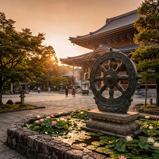 Bronze Dharmachakra in Temple Courtyard at Sunset