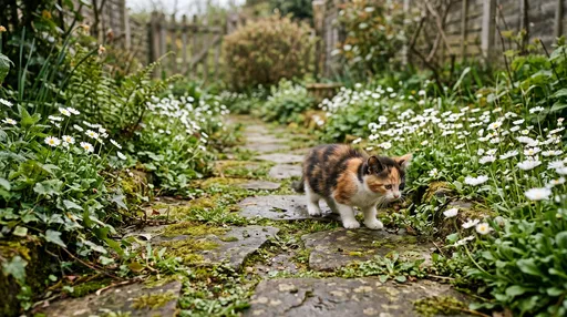 Calico Kitten Exploring Mossy Garden Path