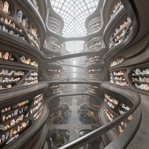 Futuristic Archive Atrium with Glowing Crystals