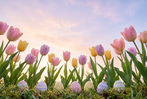 Pastel Tulips and Easter Eggs at Dawn