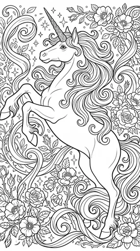 Rearing Unicorn Floral Coloring Page