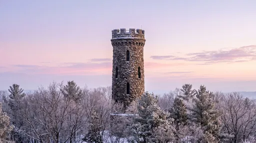 Stone Observation Tower Above Frosty Treetops
