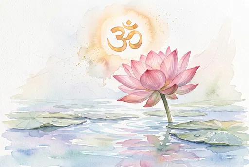 Watercolor Pink Lotus and Golden Om Symbol